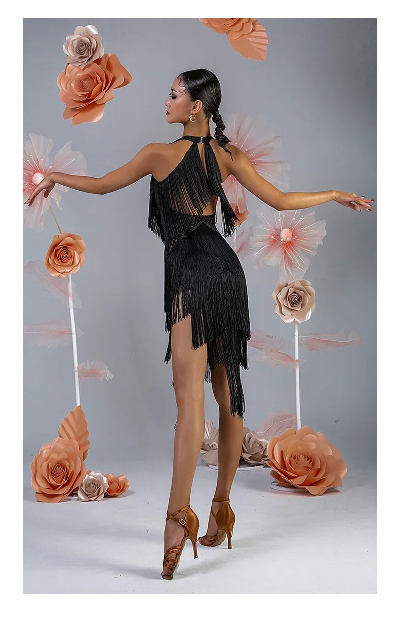 Women Backless Fringe Sexy Black Dress Cha Cha Rumba Samba Tango Dance Costume Prom Wear Latin Dance Copetition Dress