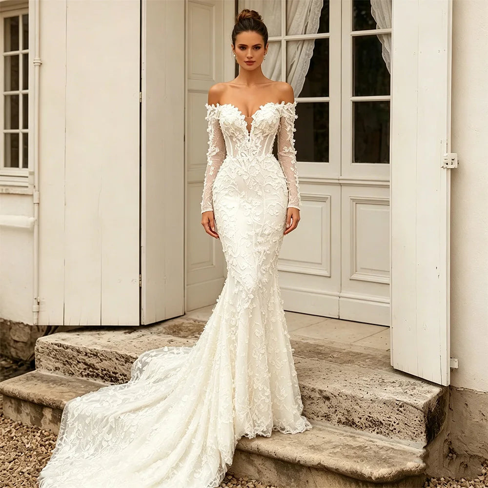 Luxury Lace Mermaid Wedding Dress Customized V Neck Long Sleeves Court Train Woman Bride Bridal Gown Illusion Back