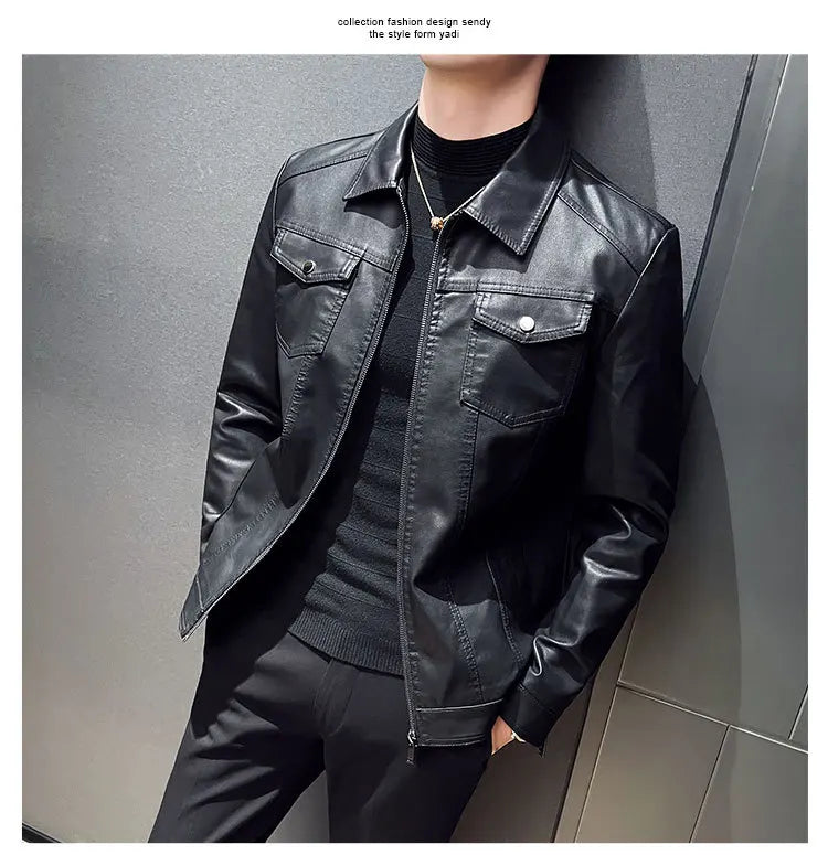 Autumn and Winter Classic Men's Leather Jacket Lapel Fashion Trend Locomotive Clothes Fleece Thermal Jacket Men