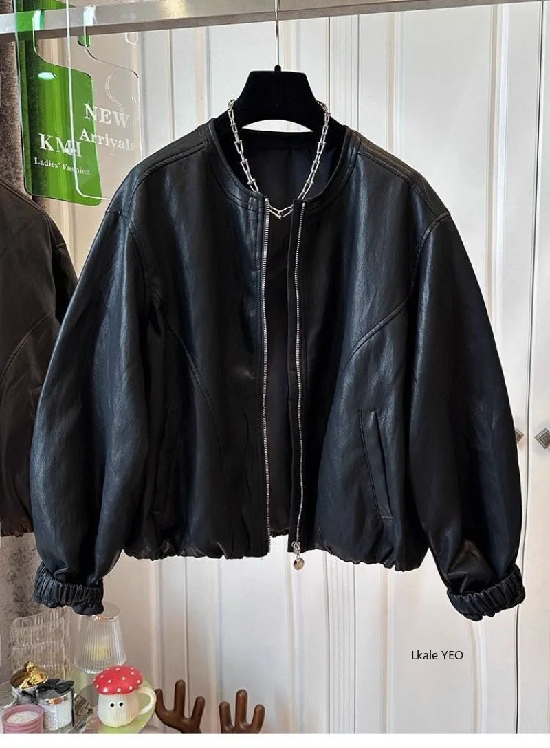 Women's Leather Coat 2026 Spring Autumn Comfortable Loose Slim Female Faux PU Outwear Round Neck Zipper Ladies Short Jacket