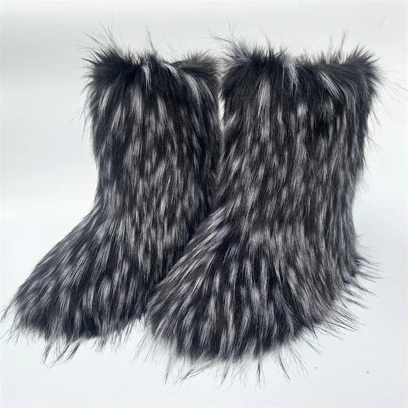 Cute High Quality Faux Raccoon Fox Fur Shibuya Gal Thickened Plus Size Mid-Calf Faux Fur Warm Winter Snow Boots for Women