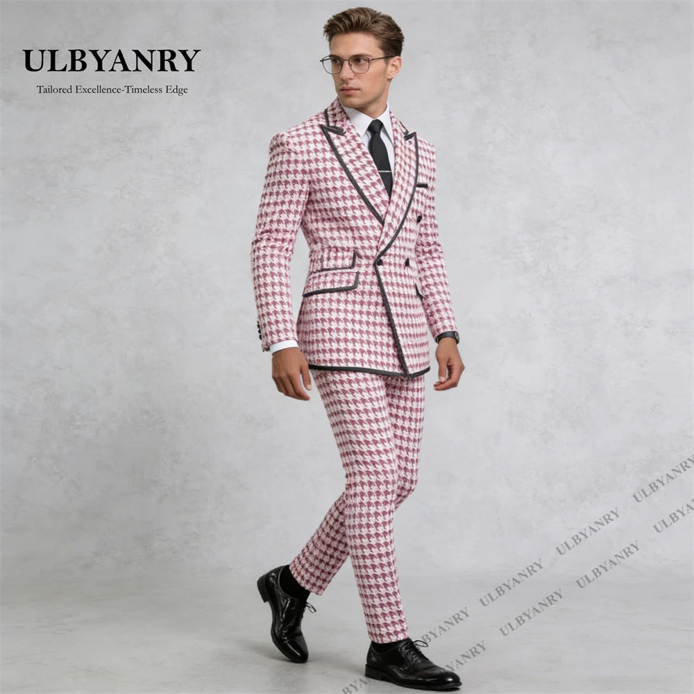 ULBYANRY Men’s Houndstooth Double Breasted Black Trim Suit Set for Wedding Party Celebration Slim Fit Jacket Pants Set for Date