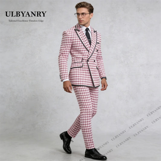 ULBYANRY Men’s Houndstooth Double Breasted Black Trim Suit Set for Wedding Party Celebration Slim Fit Jacket Pants Set for Date