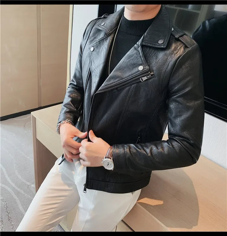Men High Quality Faux Leather Jacket Vintage Oblique Zipper  Slim Fit Motorcycle Outwear Male Autumn Winter PU Leather Coats