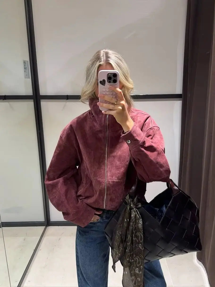 Women Stand Collar Leather Pilot Jacket Red Zipper Cropped Coat Fashion Casual Fashion Outerwear 2026 New Arrival Streetwear