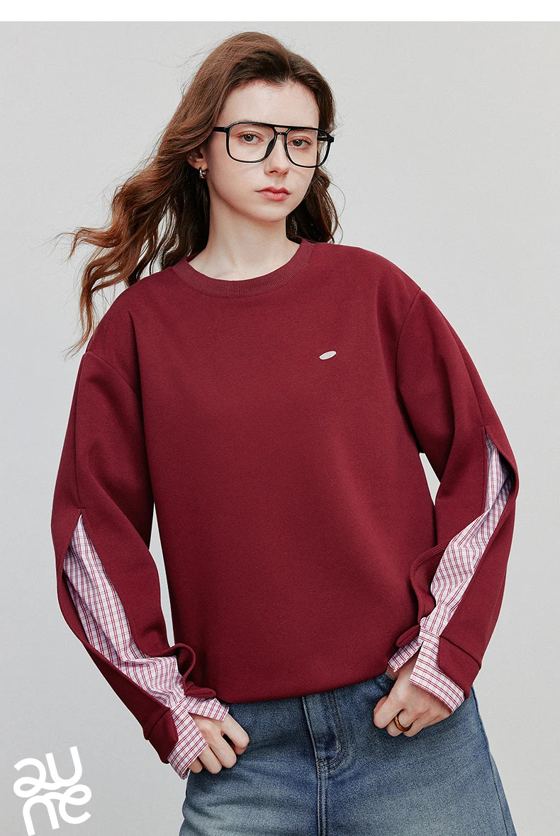 TOYOUTH Women Hoodies Sweatshirt 2025 Autumn New Patchwork Design Round Neck Long Sleeve Pullover Casual Tops