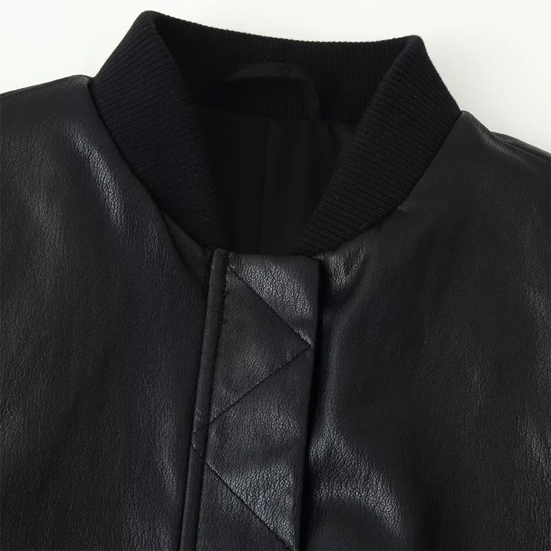  Women's Faux Leather Bomber Jacket Black Stand Collar Cropped Loose Vintage Outerwear 2026 Autumn Lady Street Chic Casual Coat