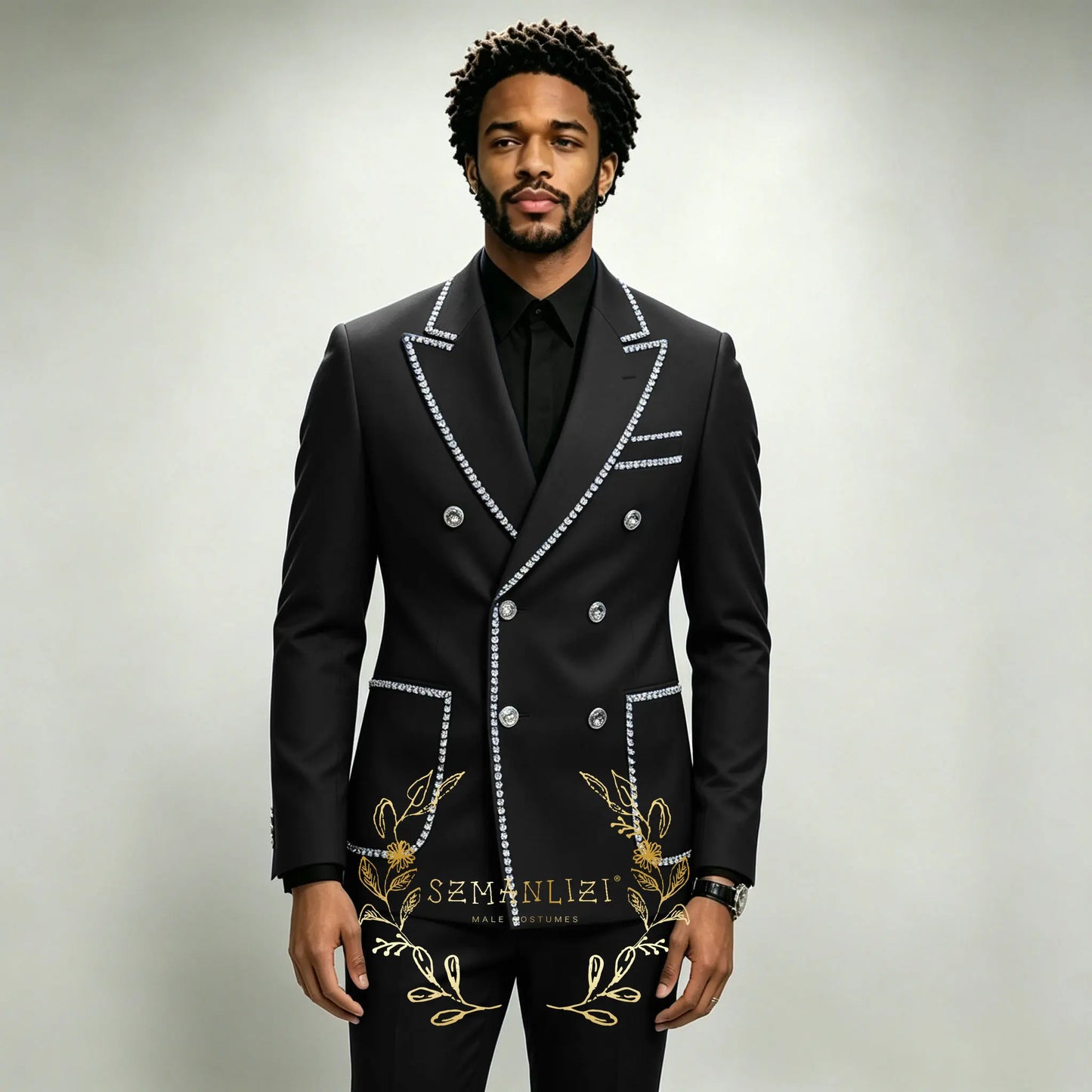 Luxury Men's Suits 2 Pieces Royal Blue Crystals Peaked Lapel Double Breasted Groom Wedding Tuxedo Wear Formal Party Prom Suits