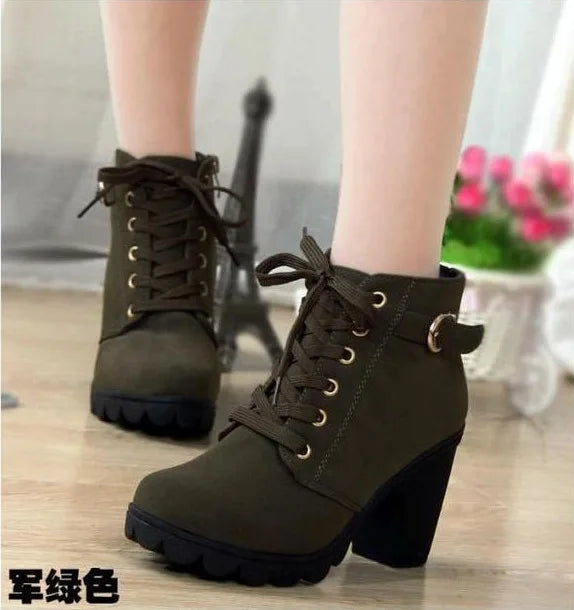 Boots Women Shoes Women Fashion High Heel Lace Up Ankle Boots Ladies Buckle Platform Artificial Leather Shoes Bota Feminina 2024