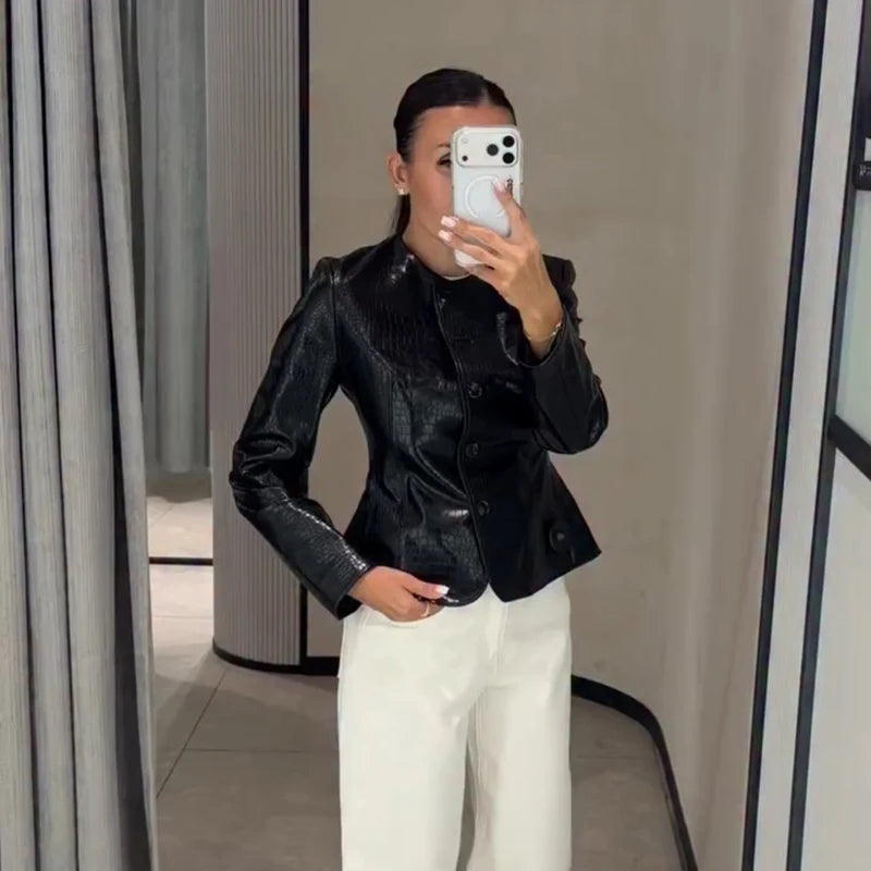 Street Fitted Leather Jackets Women Shoulder Pad Single Breasted Long Sleeves Pu Coats Female 2026 Autumn New Chic Outwears Lady