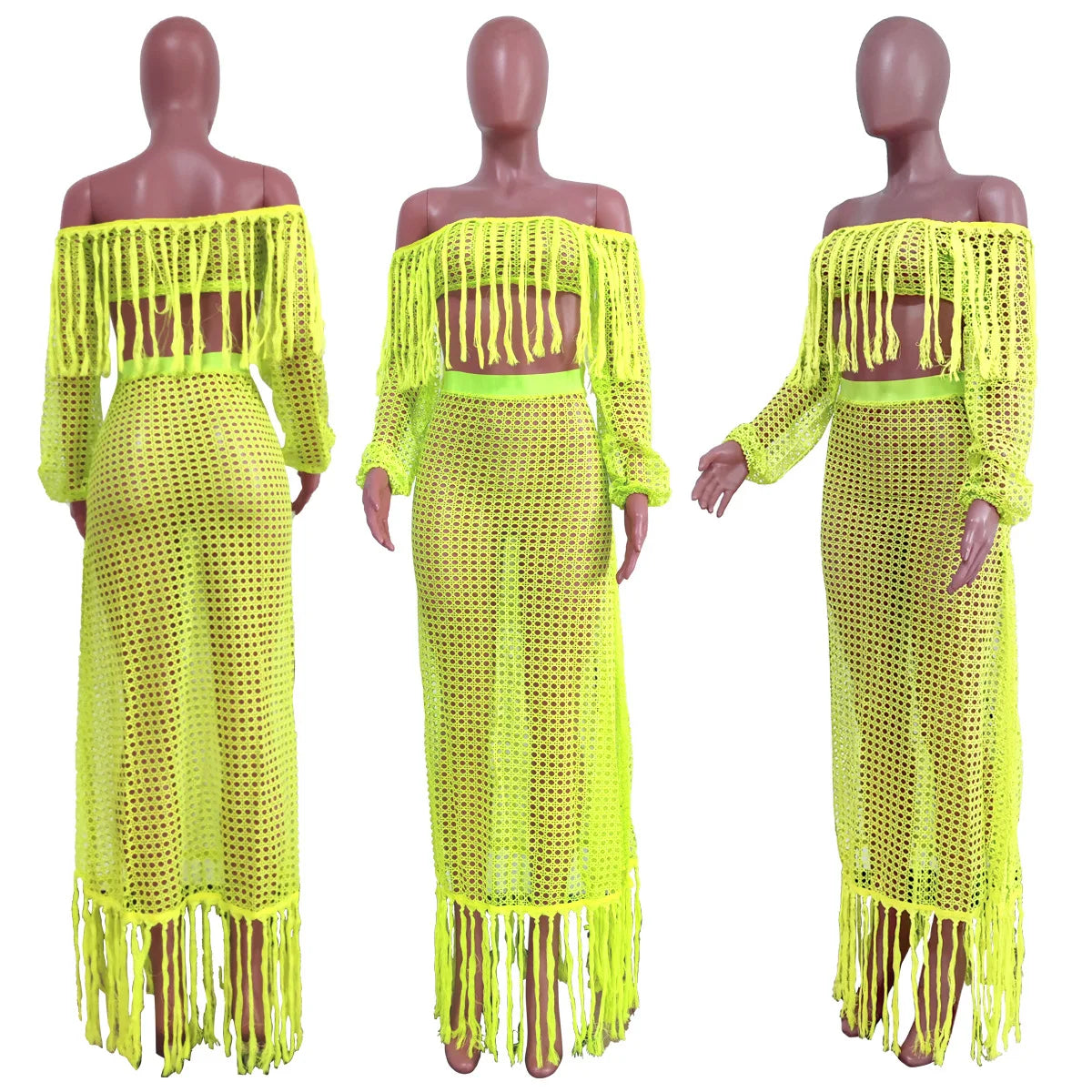 Skirt 2 Piece Set Women Beach Long Skirts Suit Top Off Shoulder Tassels Sexy Hollow Out Ensemble 2025 Summer Female Outfits