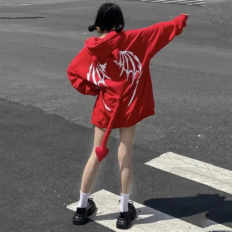 2025 Autumn Harajuku Hoodies Women Gothic Devil Horn Hooded Sweatshirt Halloween Cos Clothes Detachable Tail Zip-Up Outwear