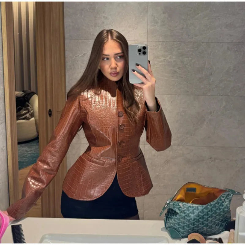 Street Fitted Leather Jackets Women Shoulder Pad Single Breasted Long Sleeves Pu Coats Female 2026 Autumn New Chic Outwears Lady