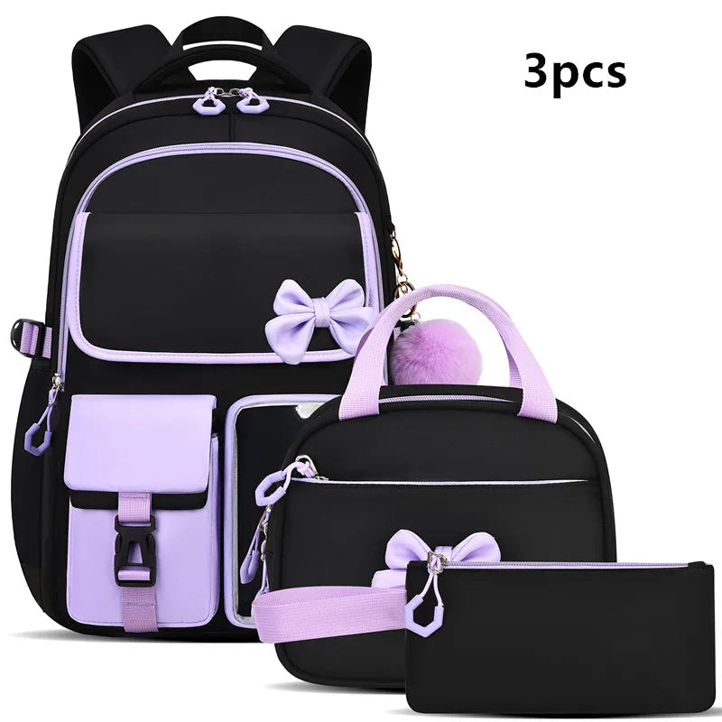 Three-piece Purple School Bag Set Casual with Pen Bag Students Schoolbag Durable with Lunch Bag Large Capacity bow Backpack book
