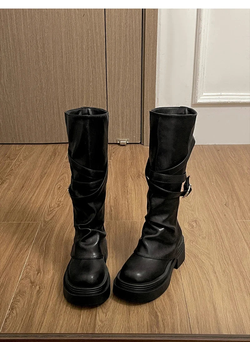 Vintage Thick Heel Women Knight Long Boots Fashion Slip On Knee High Booties Autumn Winter Shoes Zapatos De Mujer