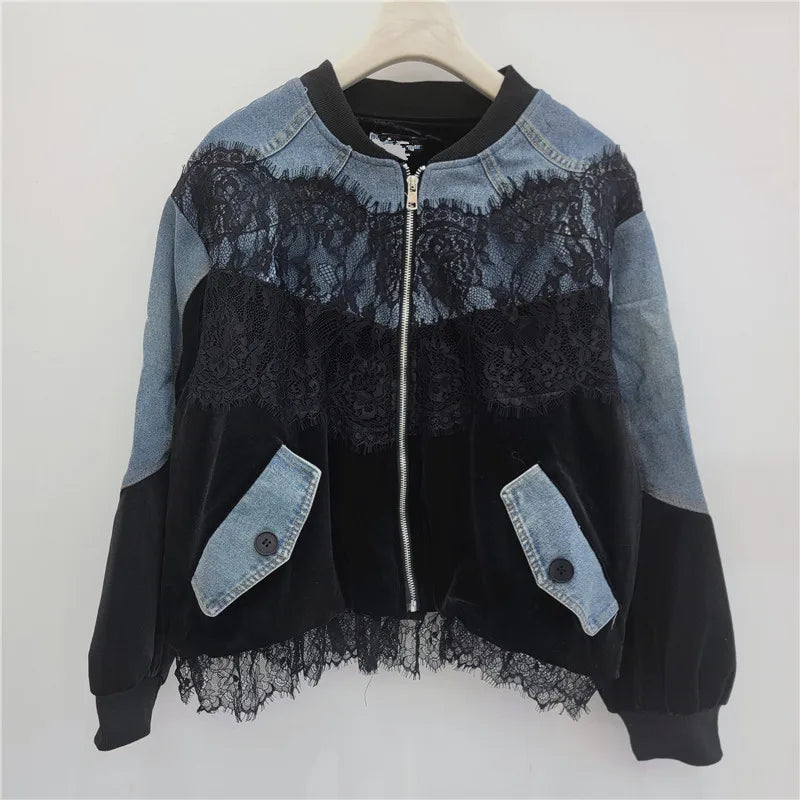 Spring New Fashion Stitched Lace Loose Velvet Denim Jacket Trendy Personality Street Casual Versatile Baseball Jackets Women