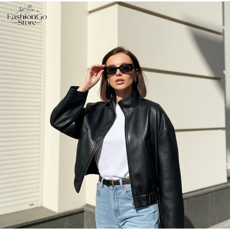 Black Short Leather Jacket Vintage Women's Stand Collar Full Sleeve V-neck Loose Jackets 2026 Lady  Autumn Casual Casual Outwear