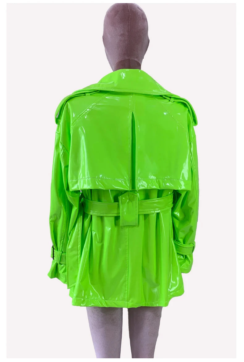Nerazzurri Spring Autumn Oversized Thin Shiny Reflective Patent Leather Trench Coat for Women Double Breasted European Fashion
