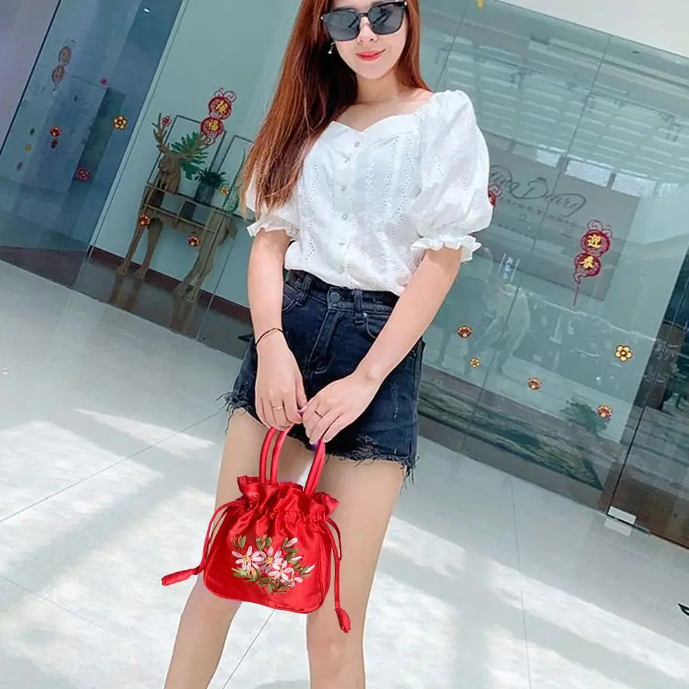 Women Bucket Bag Top Handle Ladies Handbag Phone Bag Summer Small Purse National Style Embroidered Flower Pattern Drawstring Bag