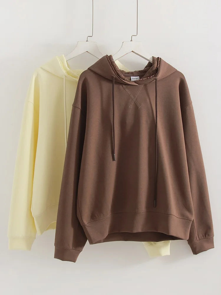 Streamgirl Brown Hoodies With Lace Women Oversize Plain Spring Elegant Butter Yellow Hooded Sweatshirts For Women Oversized