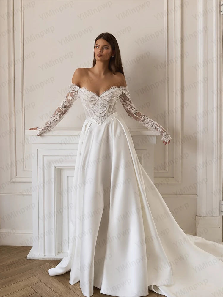 Elegant Satin Wedding Dresses Off Shoulder Long Sleeve A Line Bride Dress Long Train Beaded Lace Church Bridal Gown Customized