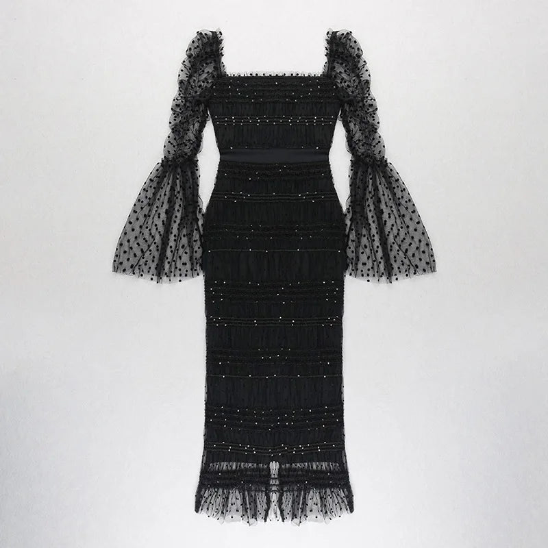 European and American New Women's Clothes Elegant Bell Sleeve Mesh See-through Dress High-End Pleated Bandage Hip Skirt