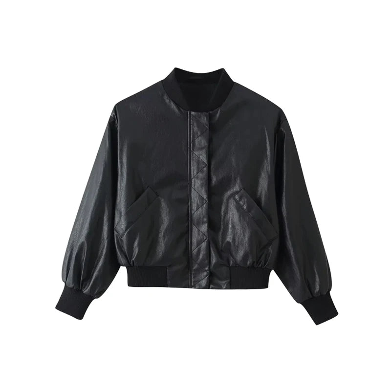  Women's Faux Leather Bomber Jacket Black Stand Collar Cropped Loose Vintage Outerwear 2026 Autumn Lady Street Chic Casual Coat