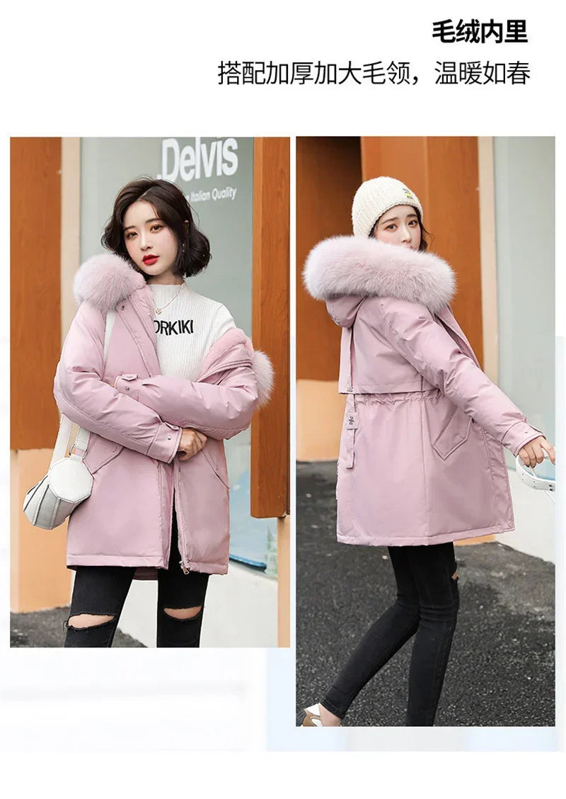 Winter Coat Low Price On Sale Women Beige Add Wool Thick Warmth Fur Hooded Parkas Jacket 2026 New Fashion Belt Slim Cotton Coat