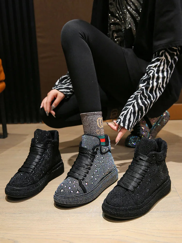 Diamond Elegant Boots and Ankle Boots for Women Winter Bottom Women's Snow Boots Round Toe Thick Bottom Warm Flashing Shoes