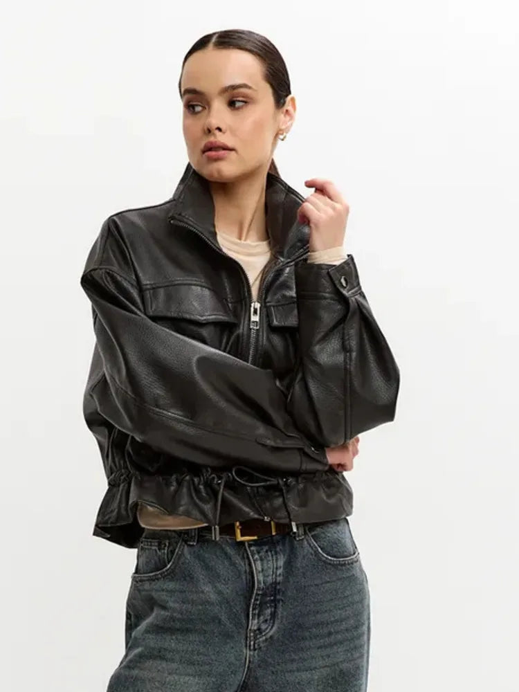 LGRQ Stand‑Collar Long Sleeve Biker Faux Leather Jacket Women Vintage Drawstring Waist Cropped Outerwear 2026 Autumn 19DB3772