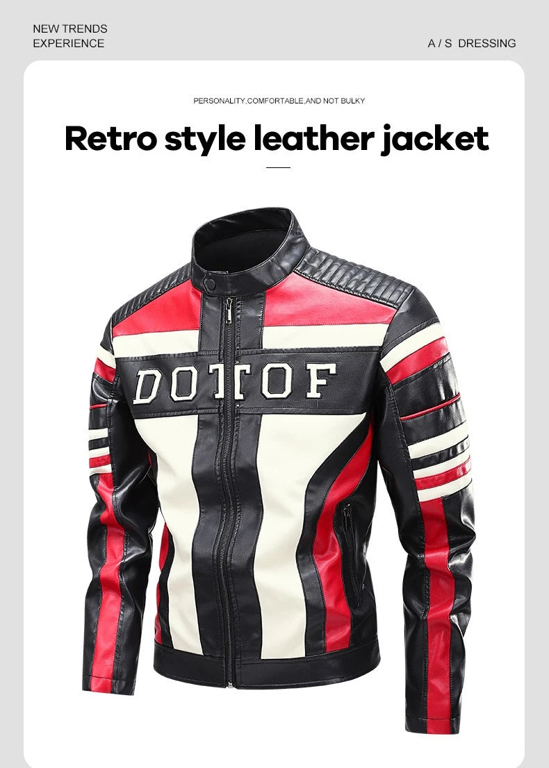 High Street Men's Vintage Biker Leather Jacket Autumn Winter Retro Stand Collar Motorcycle PU Coat Warm Windproof Casual Jacket