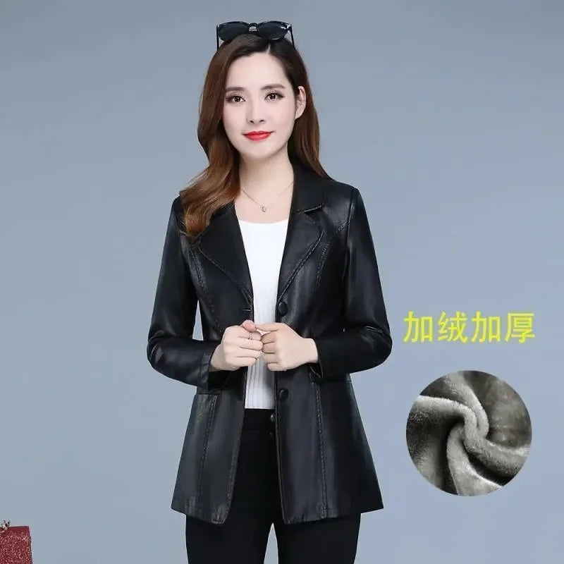 High Quality 2026 Autumn And Winter New  Leather Leather Coat Women's Short Slim Suit Collar Leather Jacket Female's Coat Black