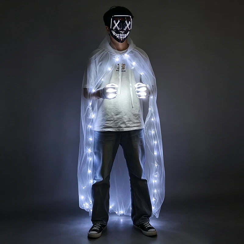 Wireless LED Neon Purge Mask & Fiber Optic Gloves, Scary Glow In Dark Mask for Halloween Carnival Cosplay Bar Birthday Party