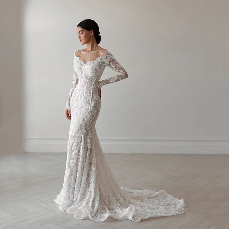 Customized Elegant Mermaid Wedding Dresses Off The Shoulder Long Sleeve Lace Bridal Dress Formal Wedding Ball Prom Gown