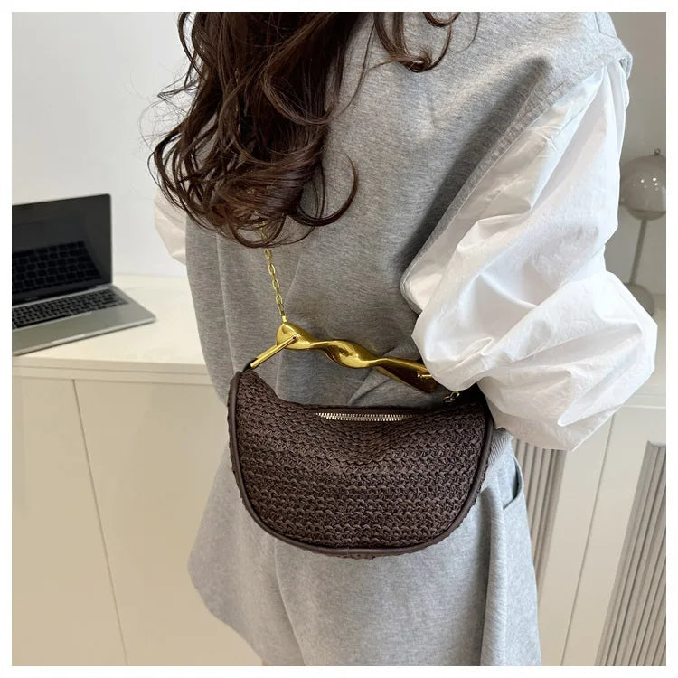 Luxury Metal Handle Clutch Bag Women Exquisite Handmade Rattan Woven crossbody Bag Half-moon Beach Bags Roomy Straw Tote Bag