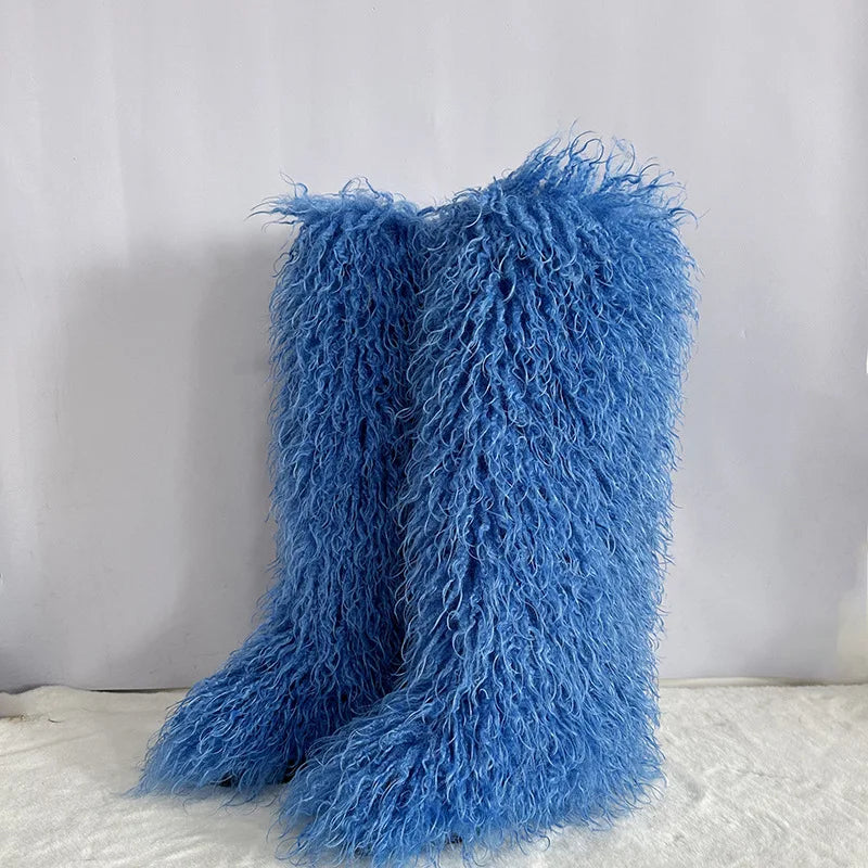 New Over The Knee Fur Boots Women Warm 72CM Long Faux Mongolian Fur Snow Boots Winter Luxury Fluffy Shoes Plush Platform Shoes
