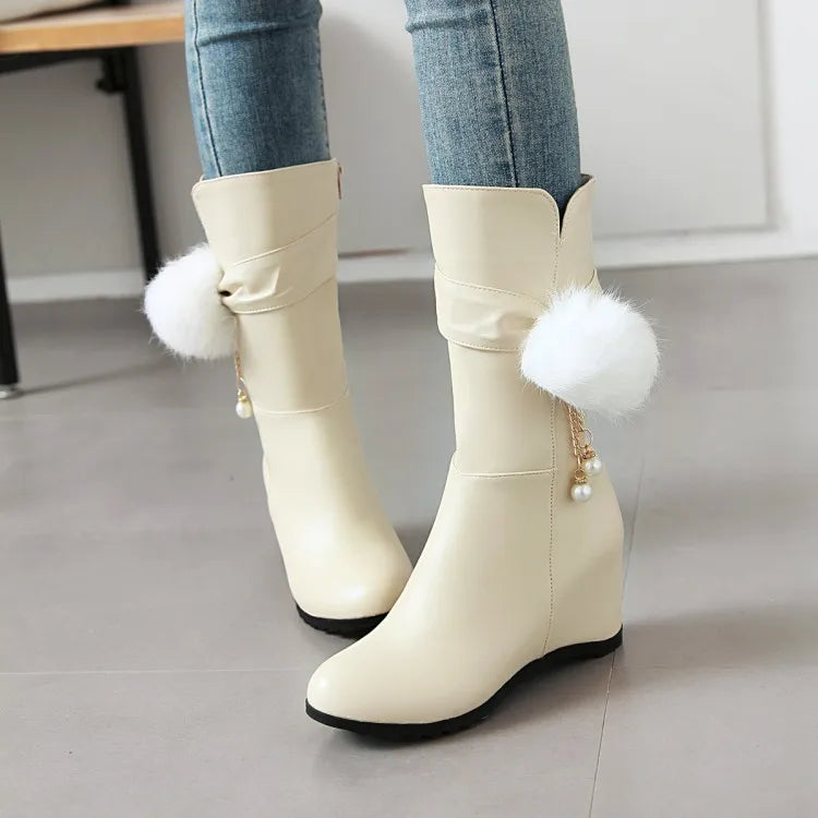 Women Snow Boots Autumn Winter Keep Warm Fur Wedges Increasing Faux Suede Round Toe White Princess Boots New 2026