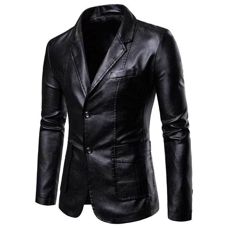 Spring/Autumn Leather Jacket - Plus Size Men's Youth Suit Collar Business Casual Leather Jacket European Sizes XS-3XL