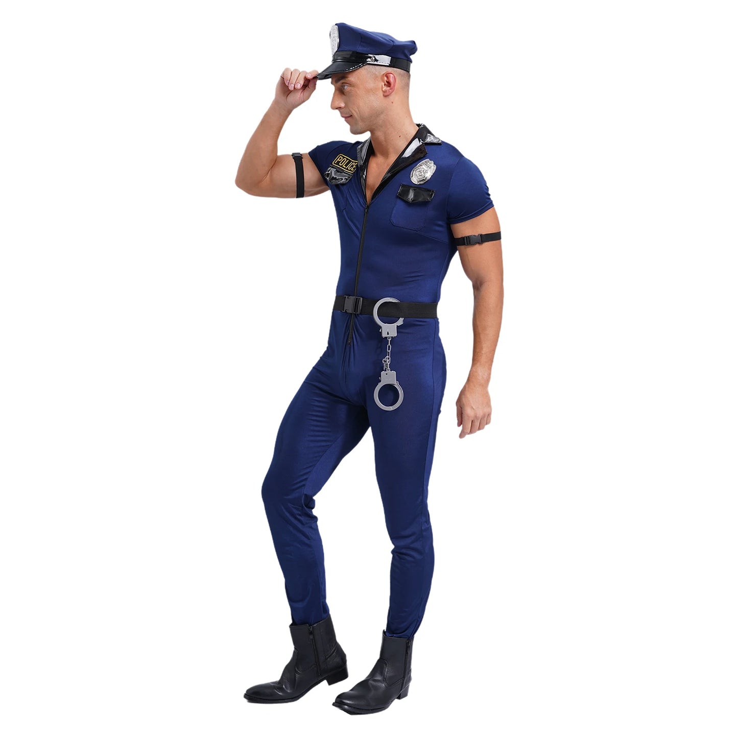 Mens Police Uniform Cosplay Outfits 7-Piece Dirty Cop Officer Costumes Front Zipper Role Play Jumpsuit Hat Belt Manacles Badge