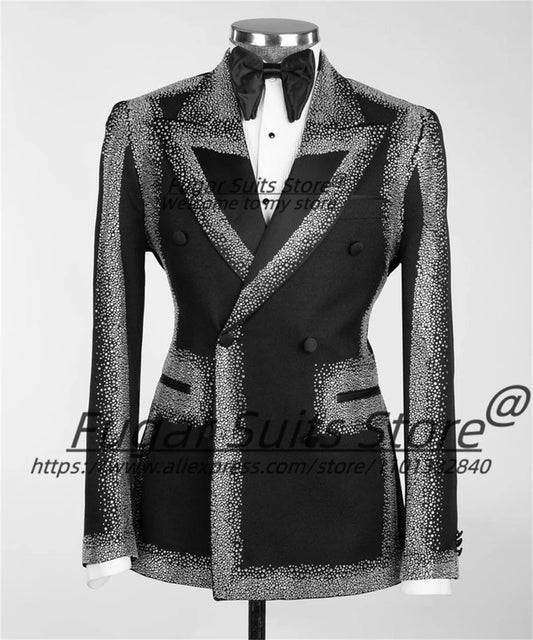 Shiny Magnificent Diamonds Men Suits Tailor Made Peak Lapel Groom Tuxedos 2 Pieces Sets Handsome Male Blazers Prom Costume Homme