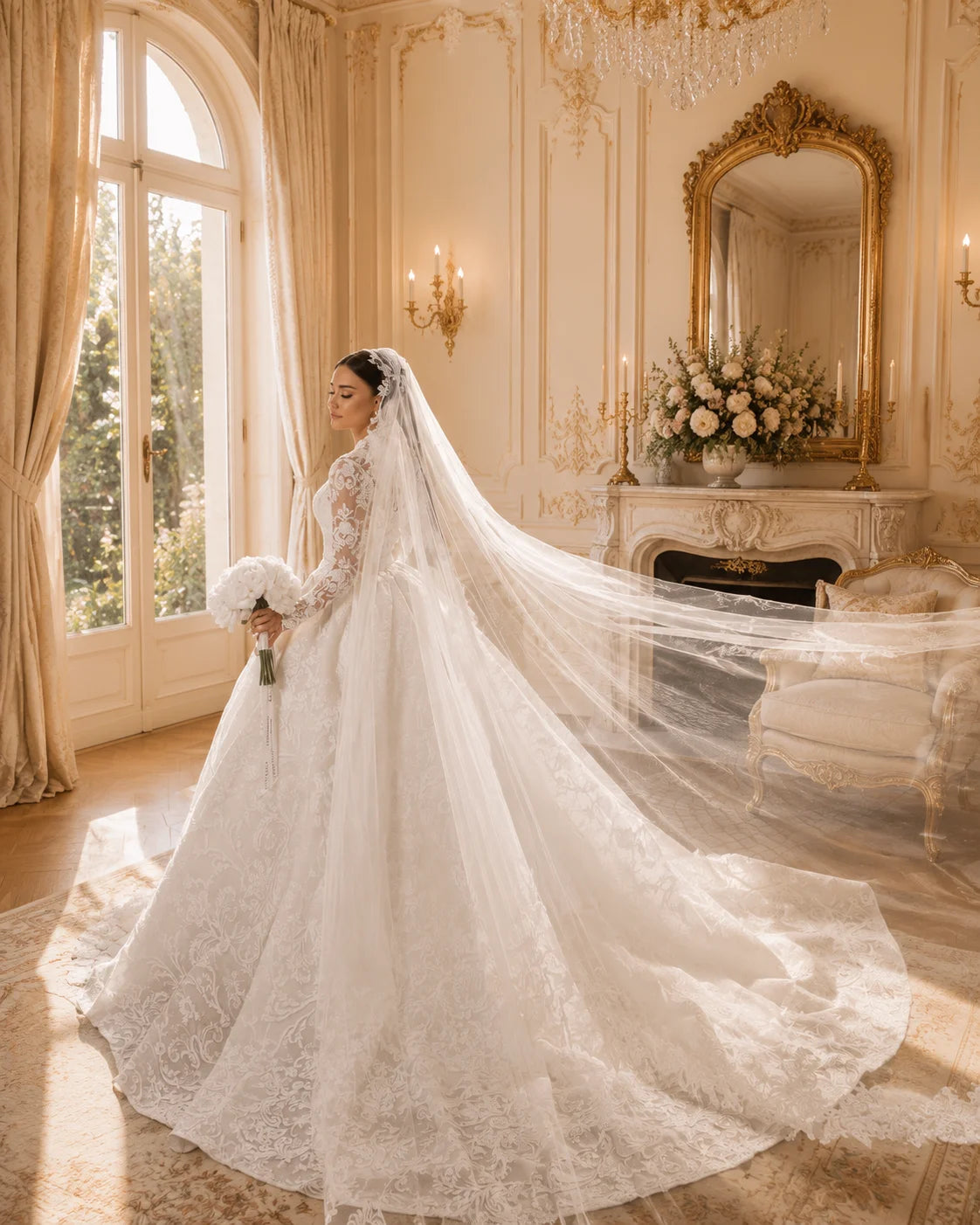 Elegant Off Shoulder Lace Wedding Dress Long Sleeves Cathedral Train Bridal Gown Luxury Veil Princess Vestido De Novia Bride