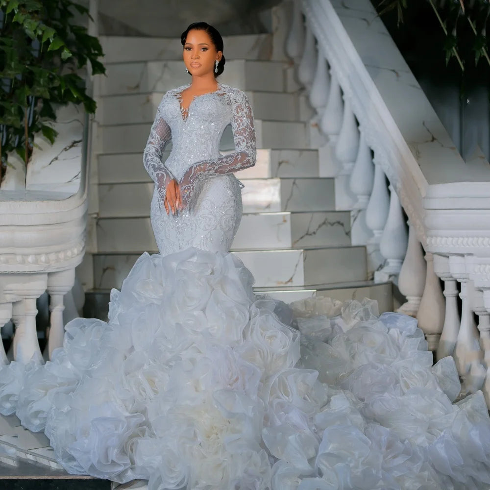 Luxury White Phantom Long Sleeve Mermaid Wedding Dress Lace Water Diamond 3D Rose Ruffle Ball Dress African Bridal Dress Custom