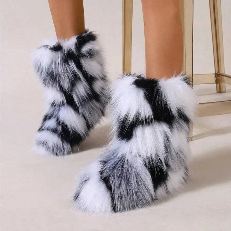 Women's Winter Fluffy Faux Fox Fur Boots Woman Plush Warm Snow Boots Luxury Footwear Girls' Furry Fur Bottes Fashion