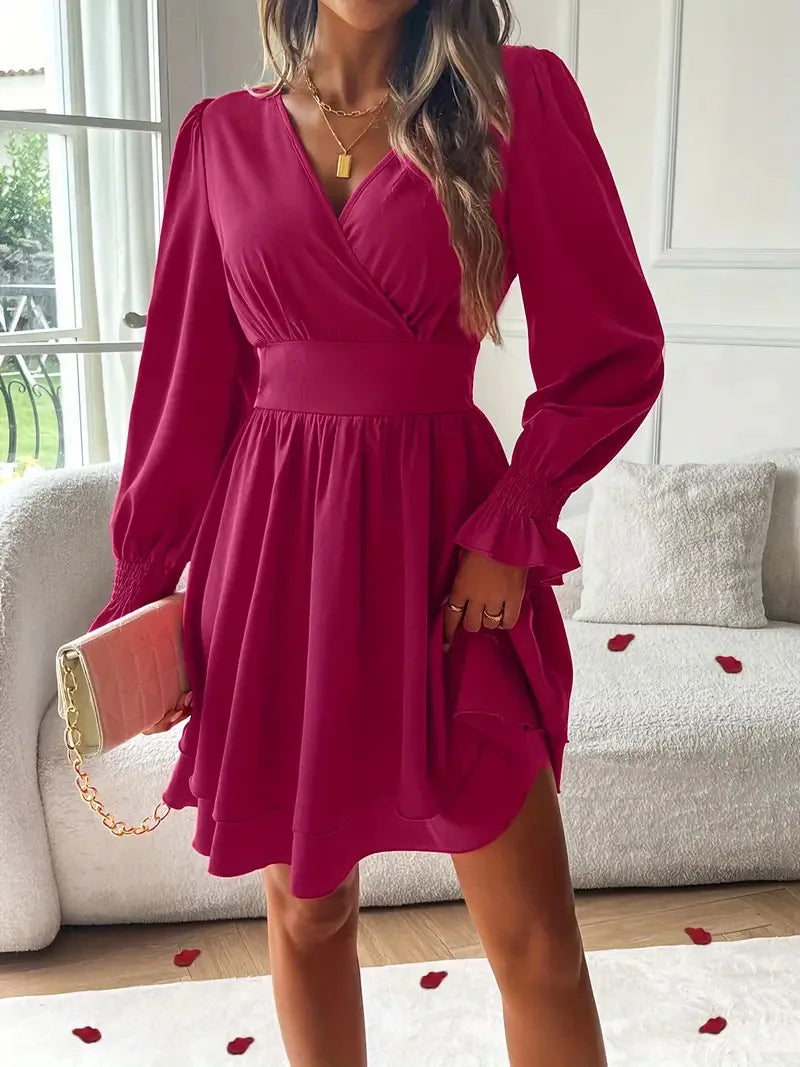 Dresses 2025 Woman Clothing V Neck Lantern Sleeve Wrap Mini Dress Ruched High Waist Elegant For Autumn Party Dress Vestidos