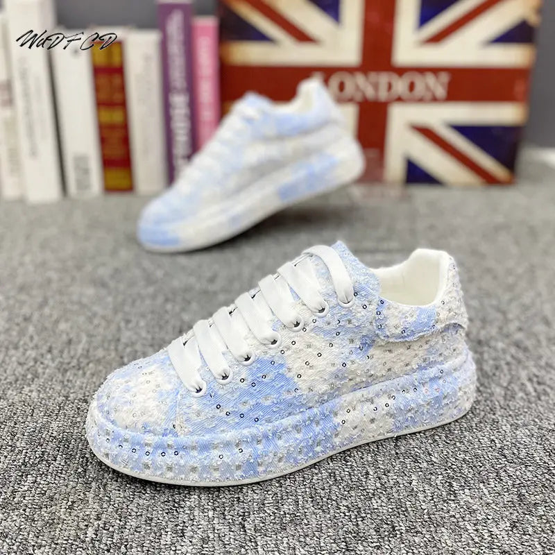 Sneakers Casual Men Designer Board Shoes Fashion Patent Leather/Denim Breathable Increased Internal Flat Platform Punk Shoes