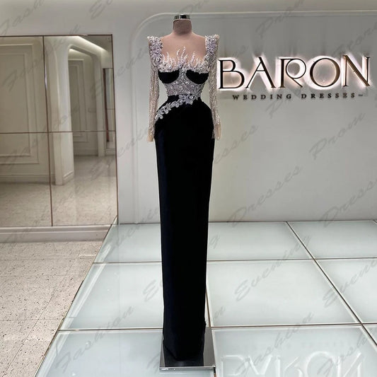 Gorgeous Black Women's Evening Dresses Fascinating Sparkling Beading Mermaid Simple Long Sleeves Slimming Customized Prom Gowns