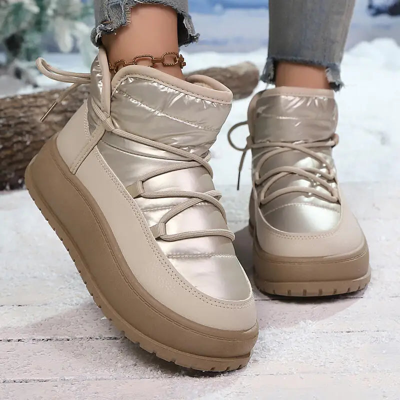 Comfort Platform Waterproof Snow Boots Women 2026 Winter Lace Up Decoration Thick Bottom Moon Boots Women Plush Short Booties