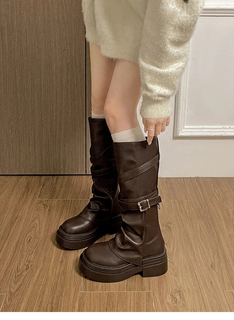 Vintage Thick Heel Women Knight Long Boots Fashion Slip On Knee High Booties Autumn Winter Shoes Zapatos De Mujer