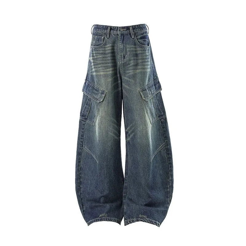Washed American High Street Vintage Large Pocket Knife Jeans Men Women Loose Casual Long Pants Cat Drag Shape Jeans