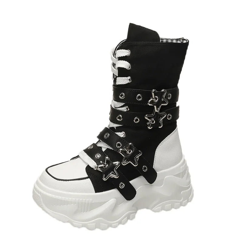 New Rock Platform Y2K Boots Women Summer 2026 Gothic Metal Star Belt Buckle Thick Sole Mid Calf Boots Woman Designer Punk Shoes